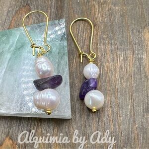 Amethyst and FRESHWATER Pearls + Gold and Purple Earrings